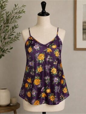 90s Vintage Purple Floral Silk/Satin Tank Top Cami Size Medium